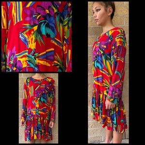 👚Vintage 80s bright rayon drop waist abstract dress medium